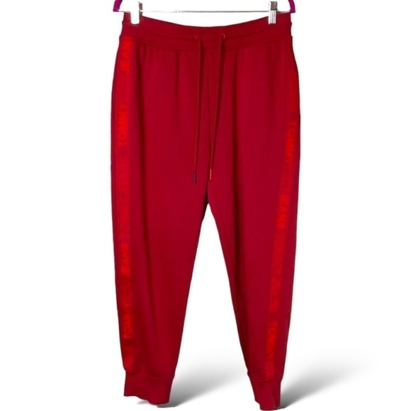 TOMMY JEANS Red Cotton Poly Blend Joggers Logo Stripe w/ Pockets US Sz M - Picture 1 of 6